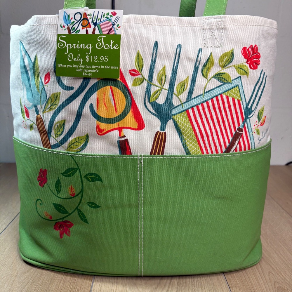 Barnes & Noble Sarah Wilkins Spring Green Garden Canvas PWP Tote Bag Green Cream - Picture 2 of 8